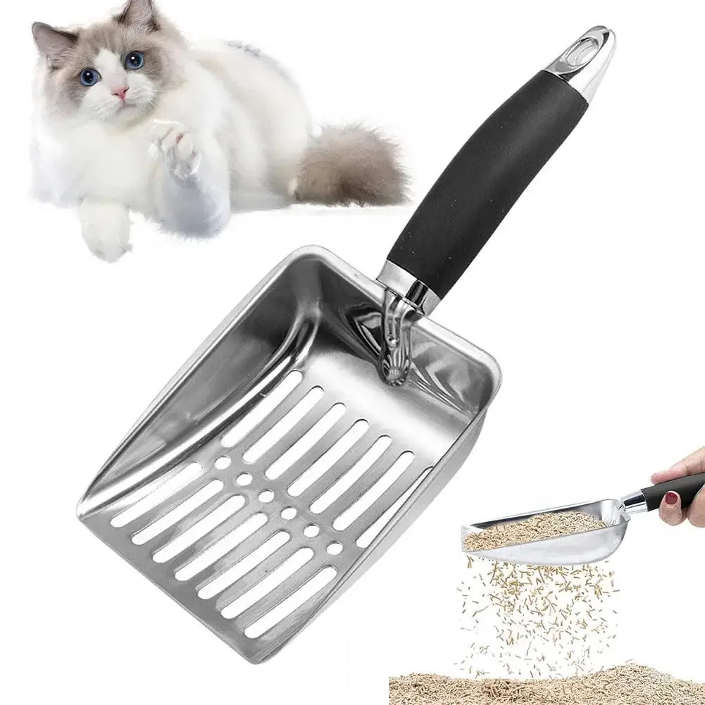 Stainless steel cat litter scoop with a long handle and a pile of litter.