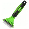 A bright green pet grooming brush with black handle and a metal comb attachment.