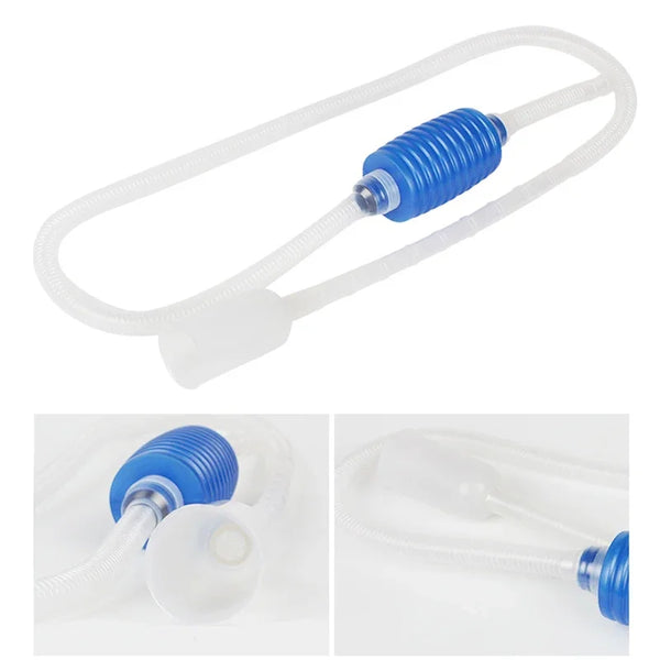A clear silicone siphon cleaner with a blue threaded tip and tubing.