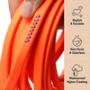 Close-up of an orange nylon coated dog leash showing a stitched detail and features like stylish durability, non-toxic odorle