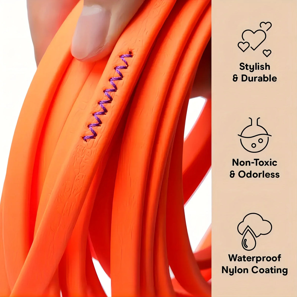 Close-up of an orange nylon coated dog leash showing a stitched detail and features like stylish durability, non-toxic odorle
