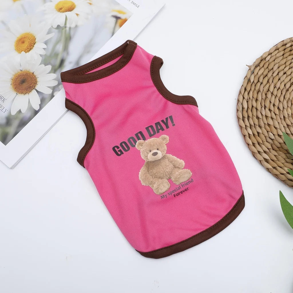 Pink pet vest with a cartoon teddy bear design and the text Good Day My special friend Forever