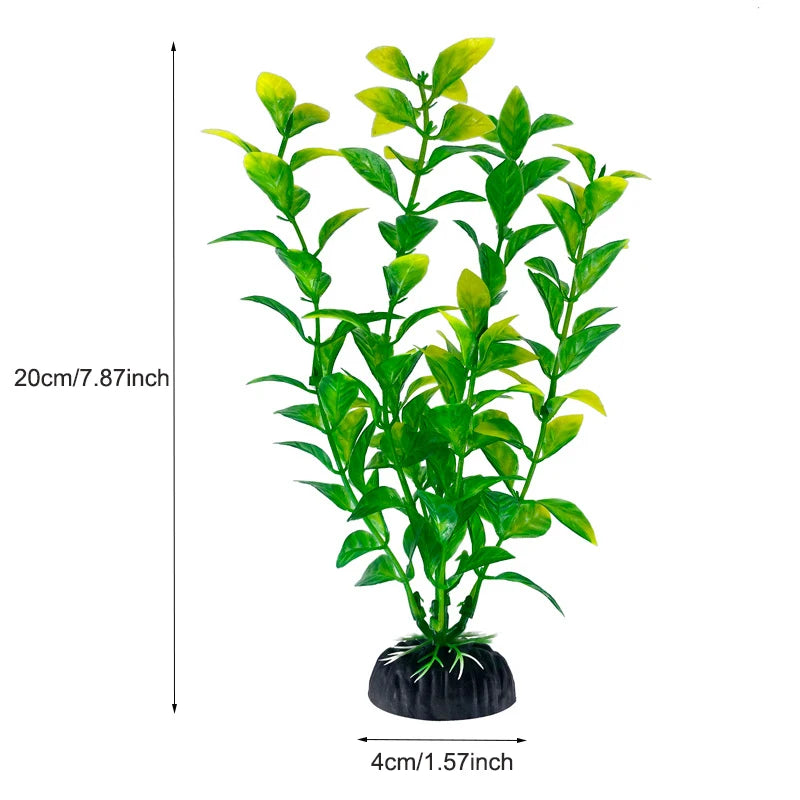 Une plante aquatique artificielle vert vif avec de grandes feuilles dans un pot noir.