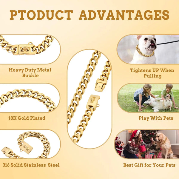 Product advantages showing a heavy duty gold plated chain collar made of 316 stainless steel for pets