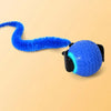 A bright blue, fluffy cat toy with a rotating head and an LED light is shown against a light background.
