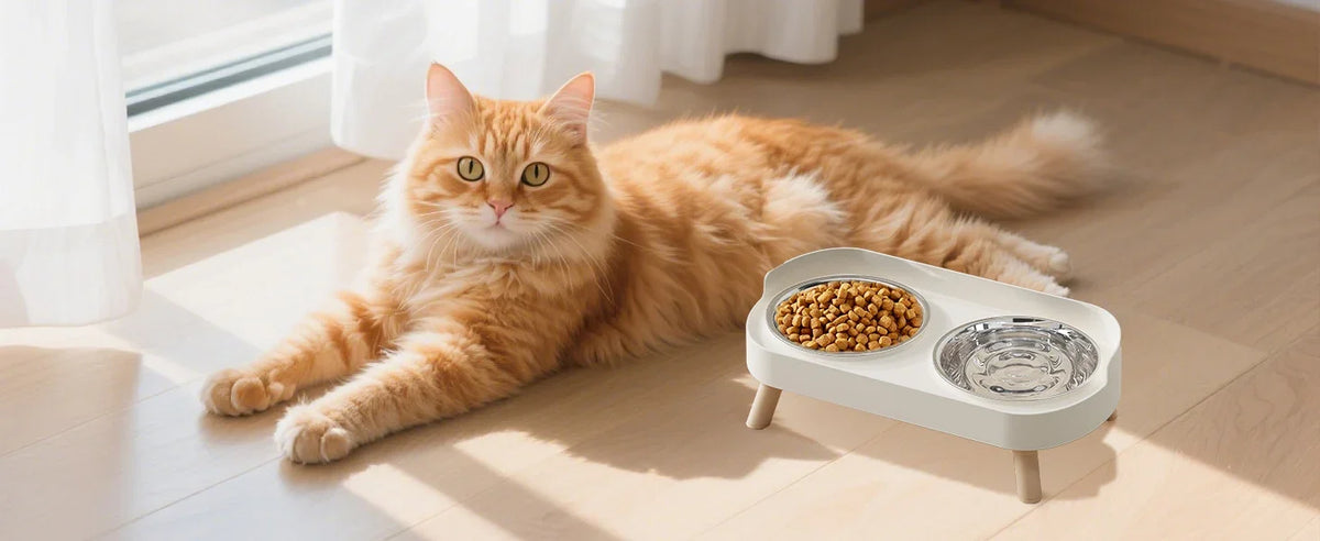 An orange tabby cat is lying on a wooden floor next to an elevated white bowl set for cat food and water.