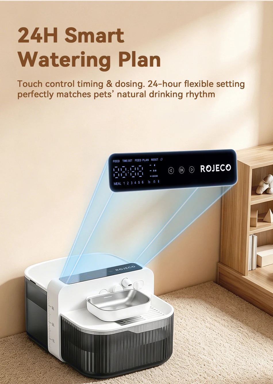 A ROJECO 24H Smart Watering Plan pet water fountain device with a digital control panel