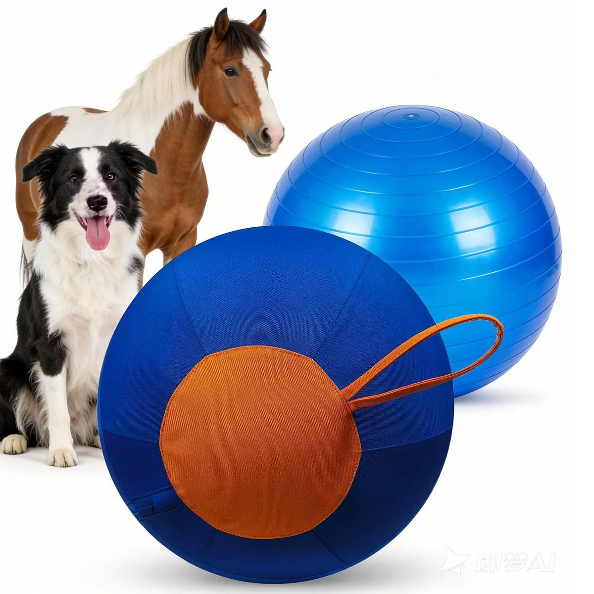 A blue and orange interactive herding ball is shown next to a dog and a horse.