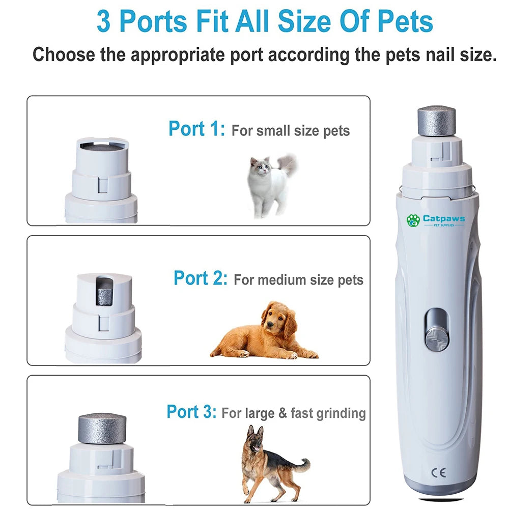 A white electric pet nail grinder with three ports for small, medium, and large pets.