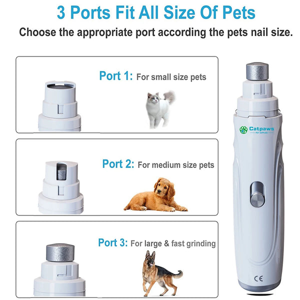 Lima eléctrica para uñas de mascota blanca con tres puertos para perros pequeños, medianos y grandes.
