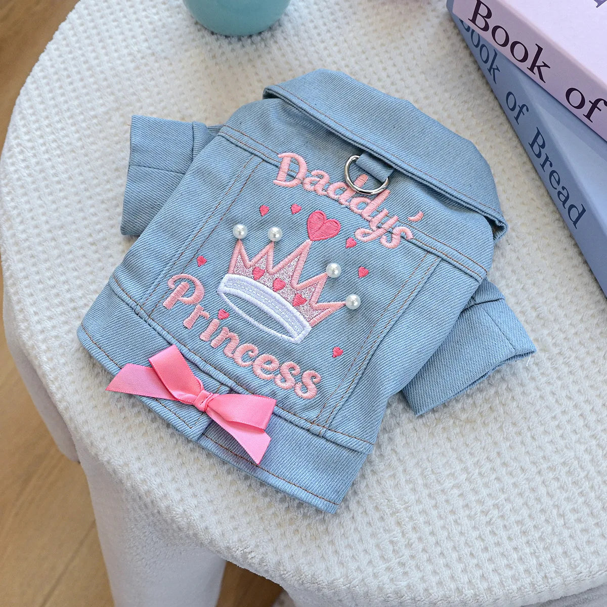 Light blue denim jacket embroidered with a pink crown and princess text for dogs