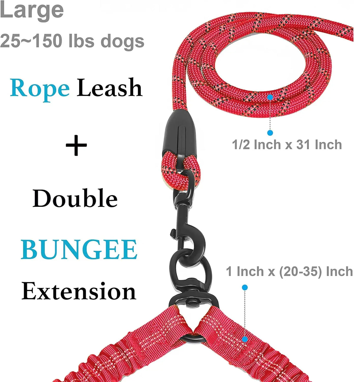 Red rope leash with a double bungee extension for large dogs