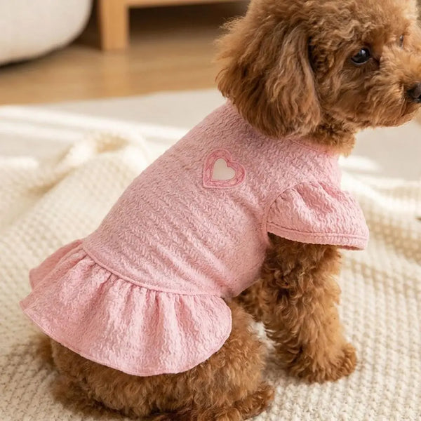 A small brown dog wearing a pink textured dress with ruffled sleeves and a heart detail.
