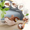 A brown and white interactive bird cat toy with flapping wings, showing various features like touch activation and a chirping