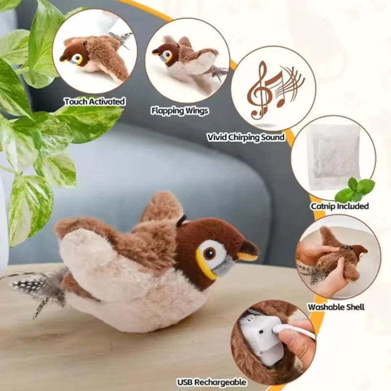 A brown and white interactive bird cat toy with flapping wings, showing various features like touch activation and a chirping