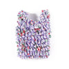 A dense, reusable foldable bubble shopping bag made of ruffled purple and pink fabric.