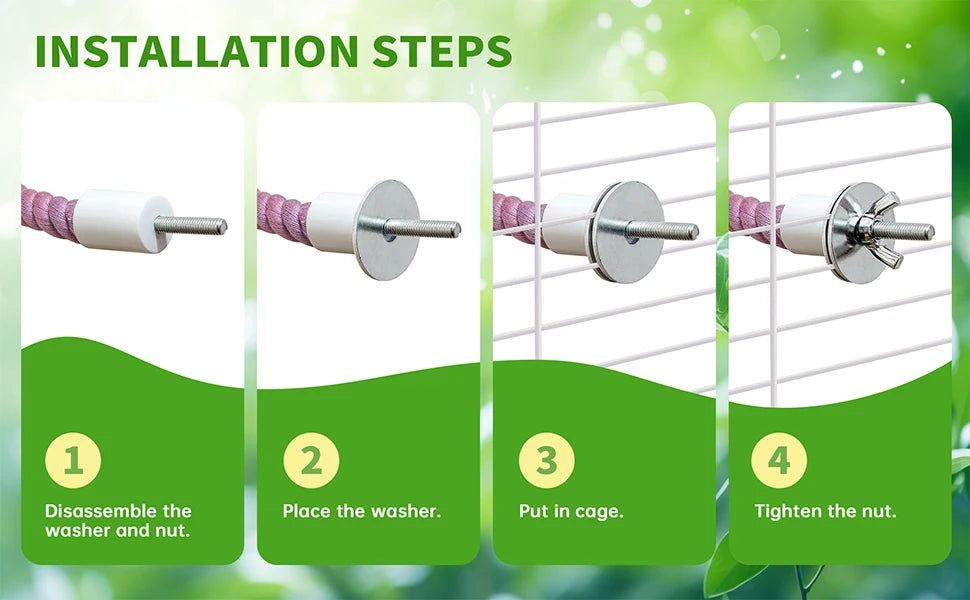 Four steps showing how to install a colorful bird rope perch stand for an aviary.