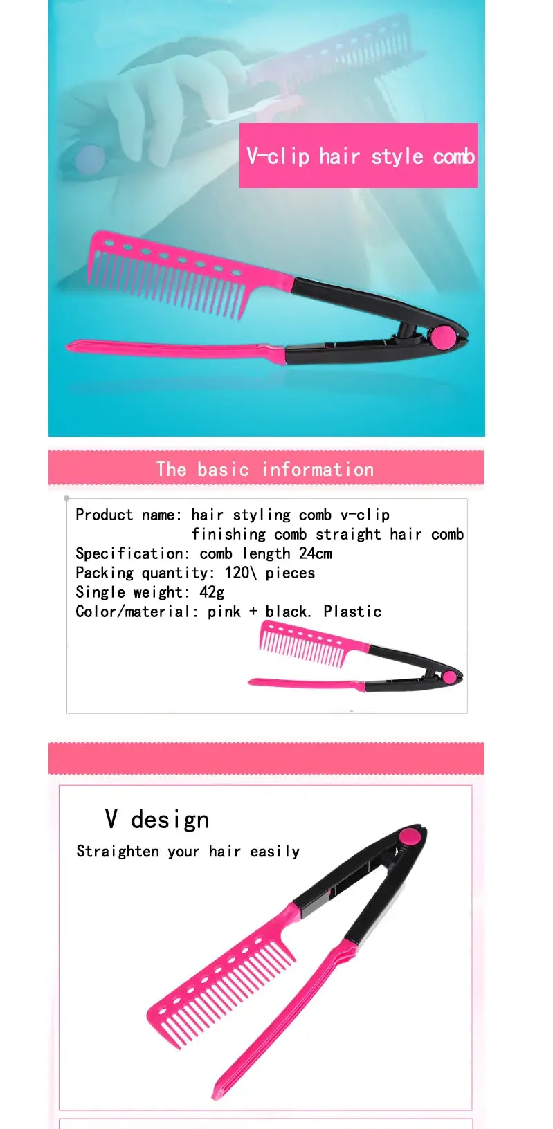 Peigne de coiffure en forme de V rose et noir pour lisser les cheveux.