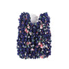 A reusable foldable bubble shopping bag made of dark blue and pink floral fabric.