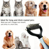 A stainless steel pet grooming comb is shown next to various dogs and cats.