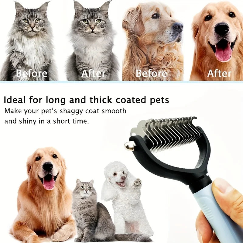 A stainless steel pet grooming comb is shown next to various dogs and cats.