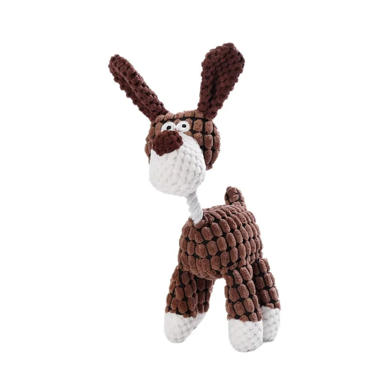 A brown and white plush dog toy with large ears, designed for chewing and interactive play.