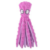 A bright pink plush octopus toy with large eyes and purple tentacles.