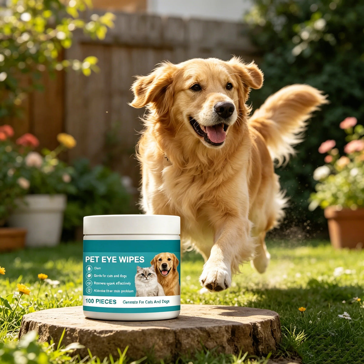 Ein goldener Retriever springt neben einem Glas Augenputz für Hunde und Katzen auf einer Holzoberfläche.
