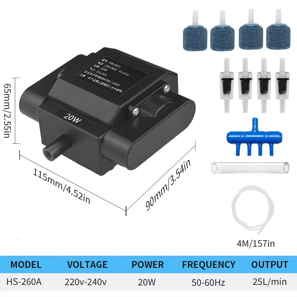 Black aquarium air pump with 4 outlets and accessories, featuring a 20W power output.