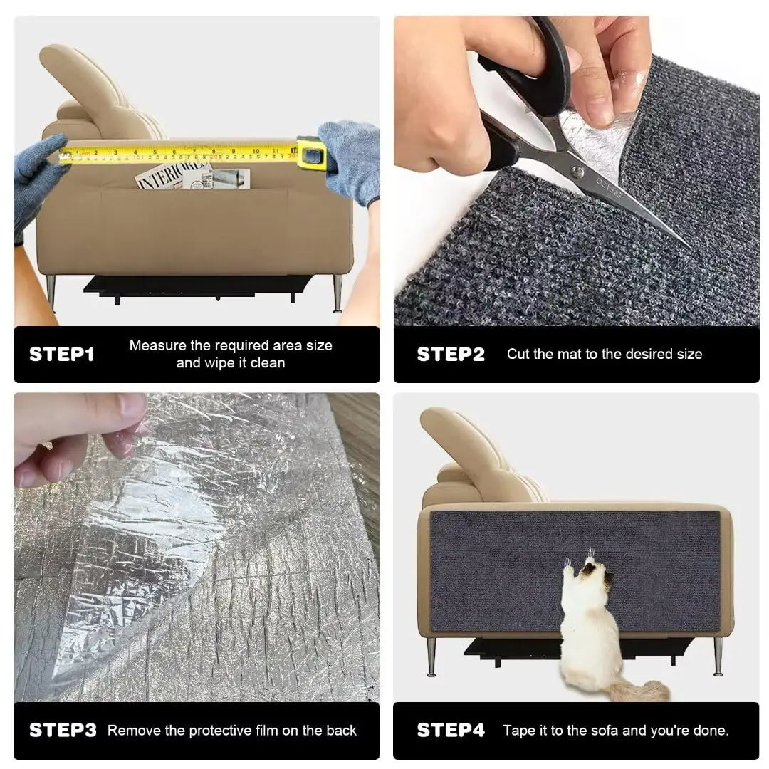 Anleitungen zum Messen, Schneiden und Anbringen eines selbstklebenden Kratzschutzteppichs für Katzen auf eine Couch.