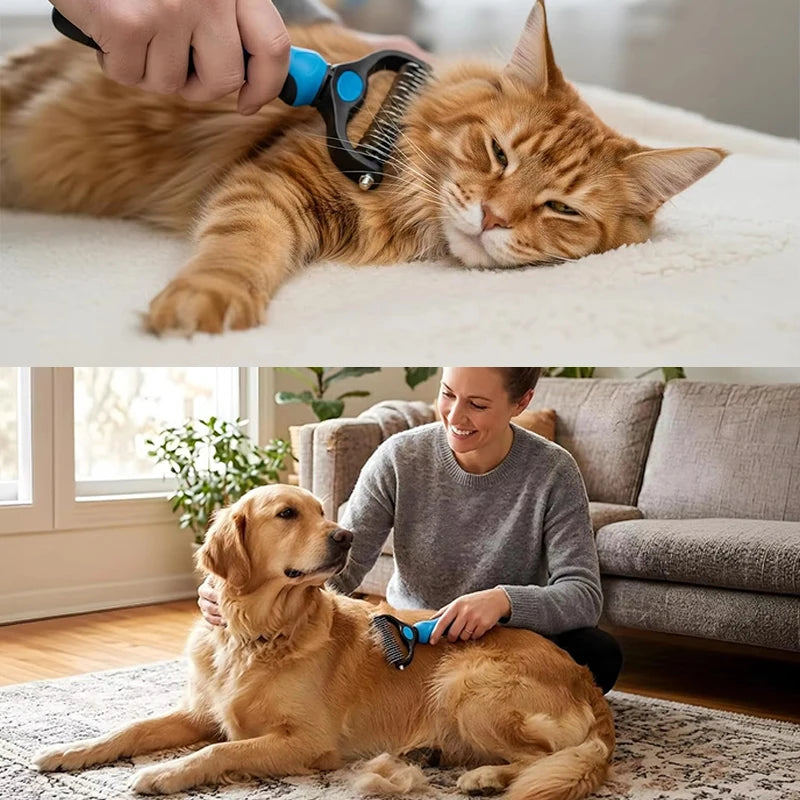 A woman is using a dual-sided pet deshedding rake brush on a golden retriever dog.