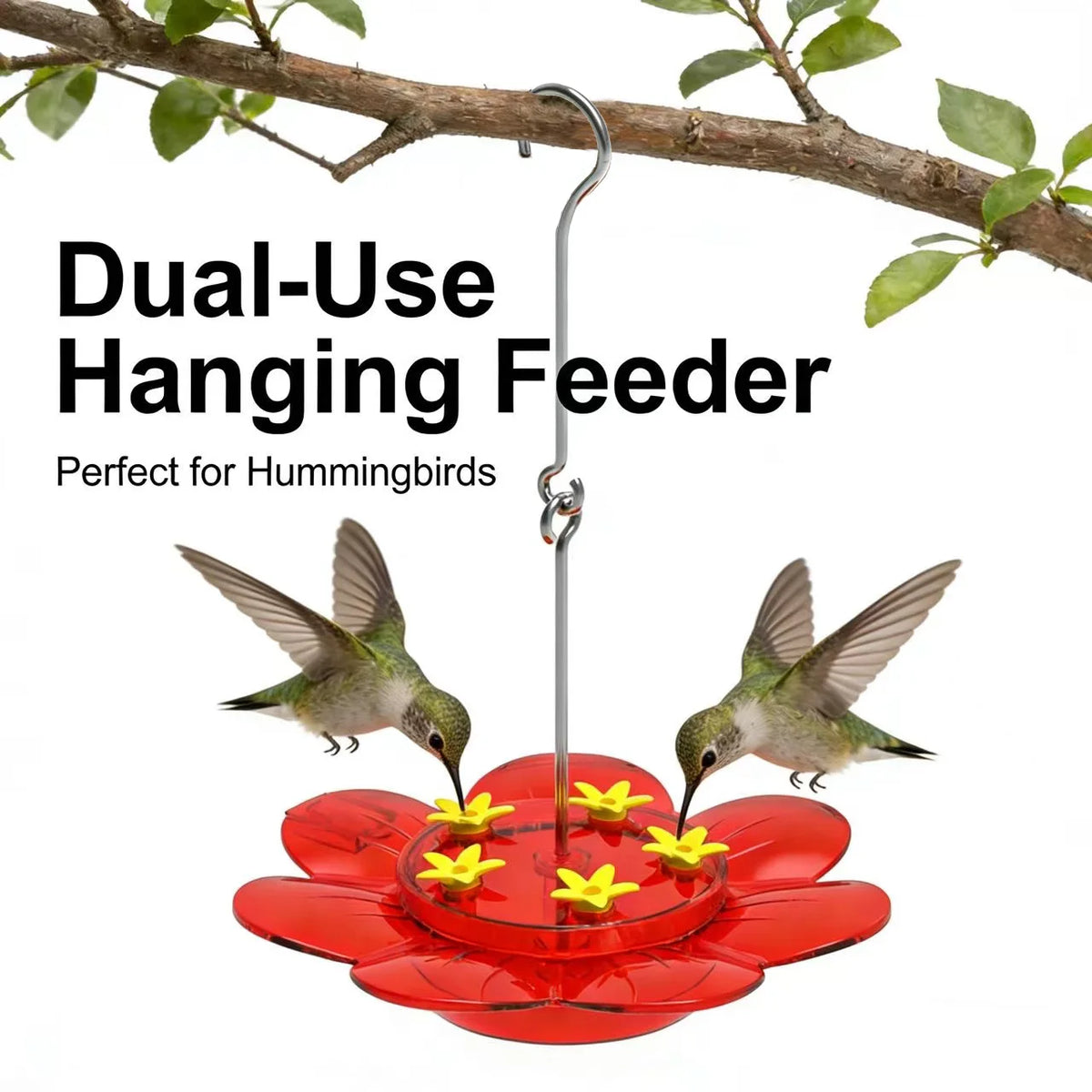 A dual-use hanging feeder with a hook and suction cup, featuring a red flower base for hummingbirds.