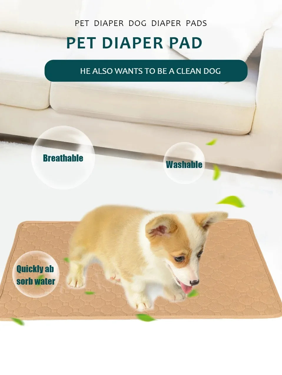 A small dog is lying on a tan pet diaper pad mat with green leaves, demonstrating its quick absorbency.