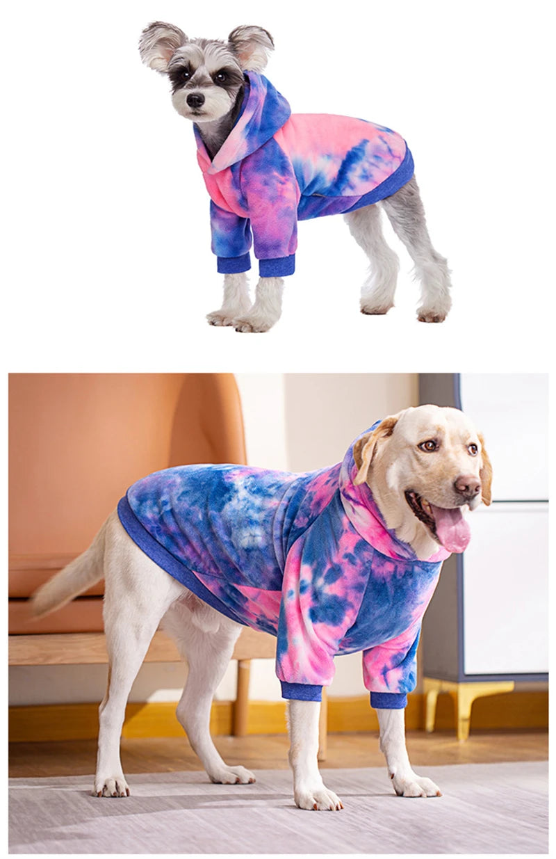 A light-colored dog wearing a tie-dye pink and blue fleece hoodie standing on a floor.