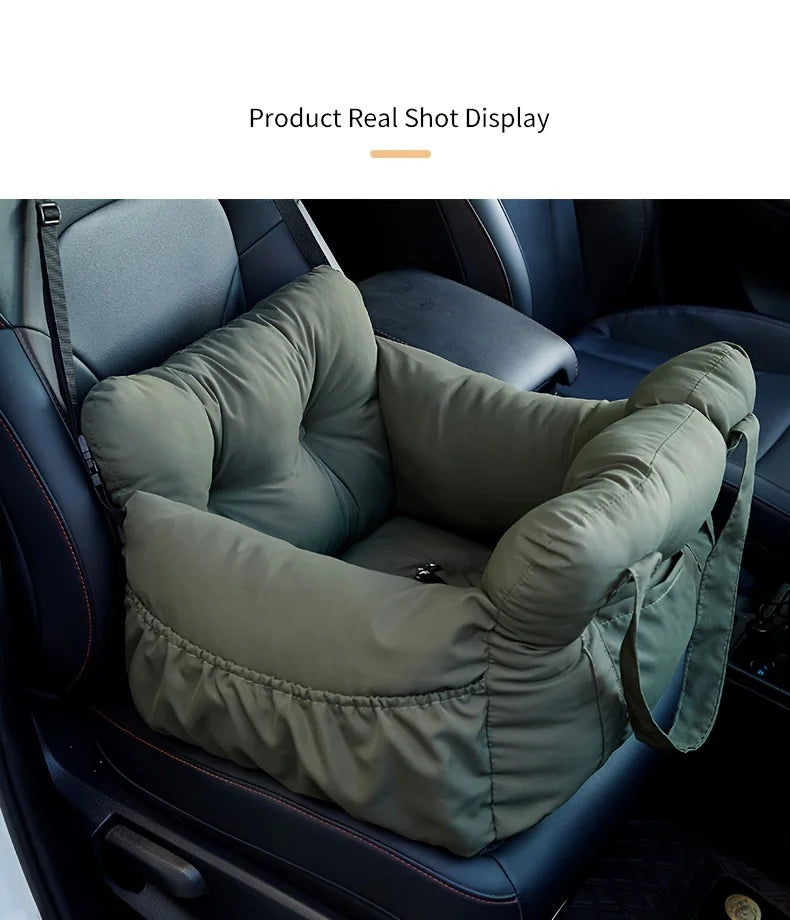 A green durable pet car seat with safety straps is shown installed in a car interior.