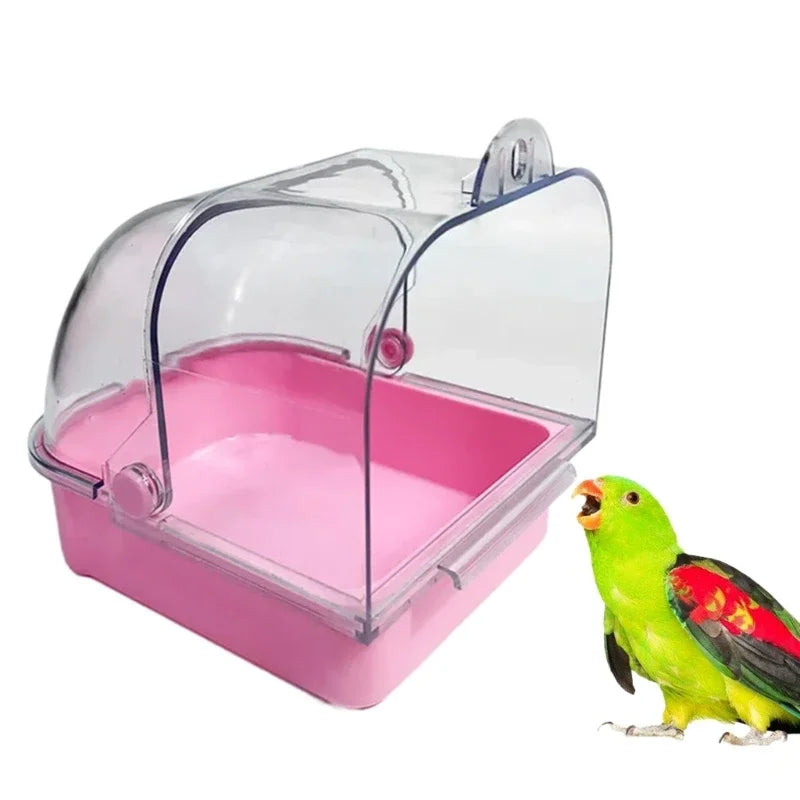 Clear plastic external bird bath with a pink base for parakeets and birds.