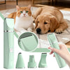 A 4-in-1 rechargeable pet grooming kit with ceramic blades shown alongside a cat and a dog.