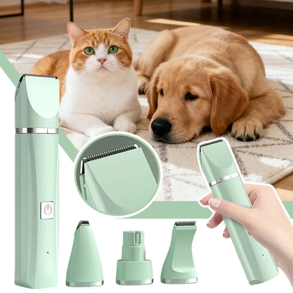 A 4-in-1 rechargeable pet grooming kit with ceramic blades shown alongside a cat and a dog.