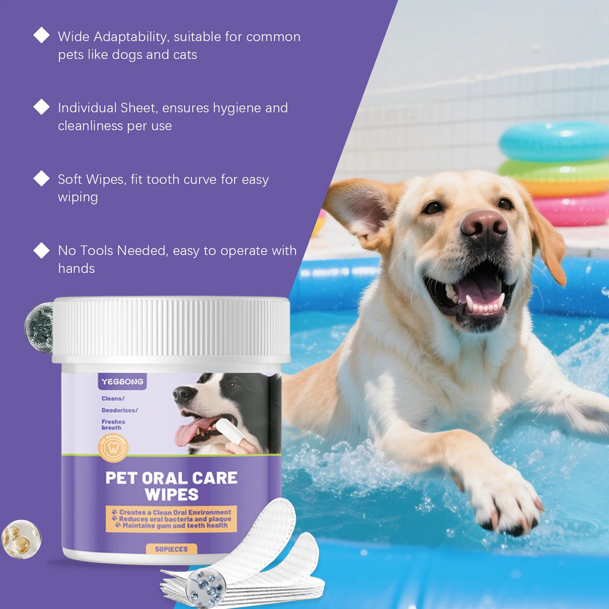 A package of pet oral care wipes is shown next to a happy dog playing in a blue pool.