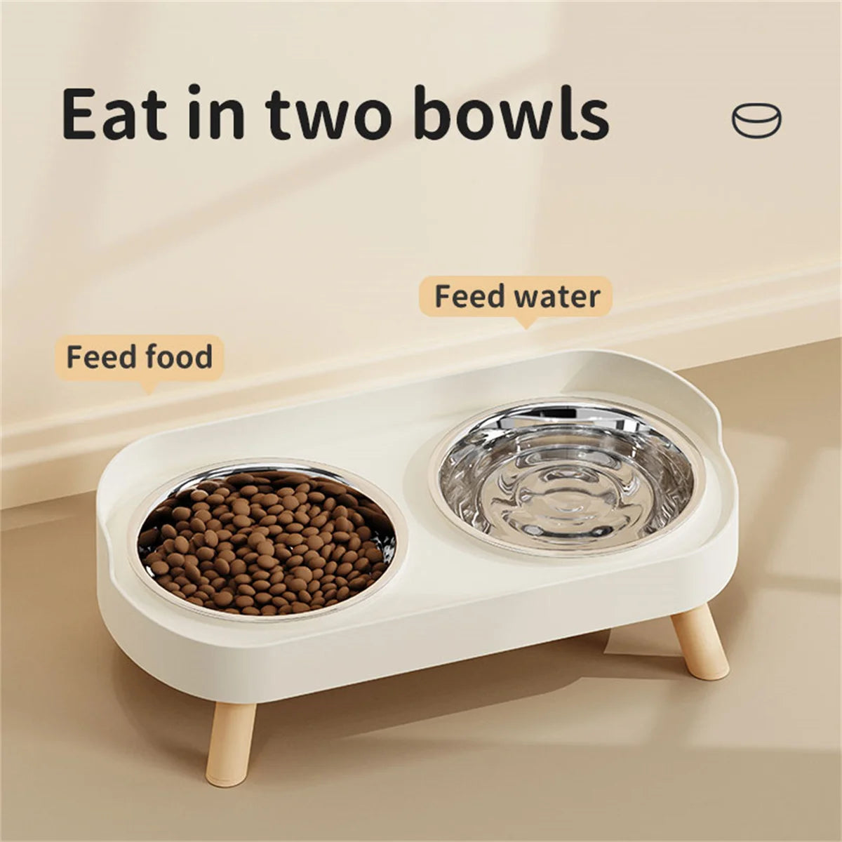 A white feeding station with two stainless steel bowls for feeding pets.
