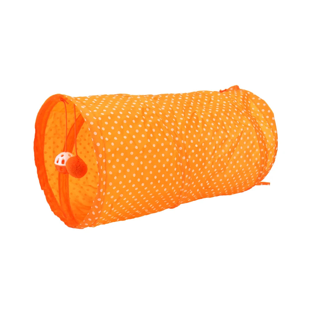 Orange collapsible cat tunnel play tube with a ball inside