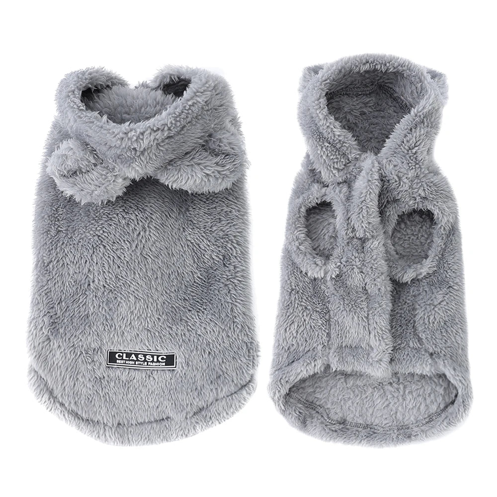A pair of gray faux fur hoodies for small and medium dogs.