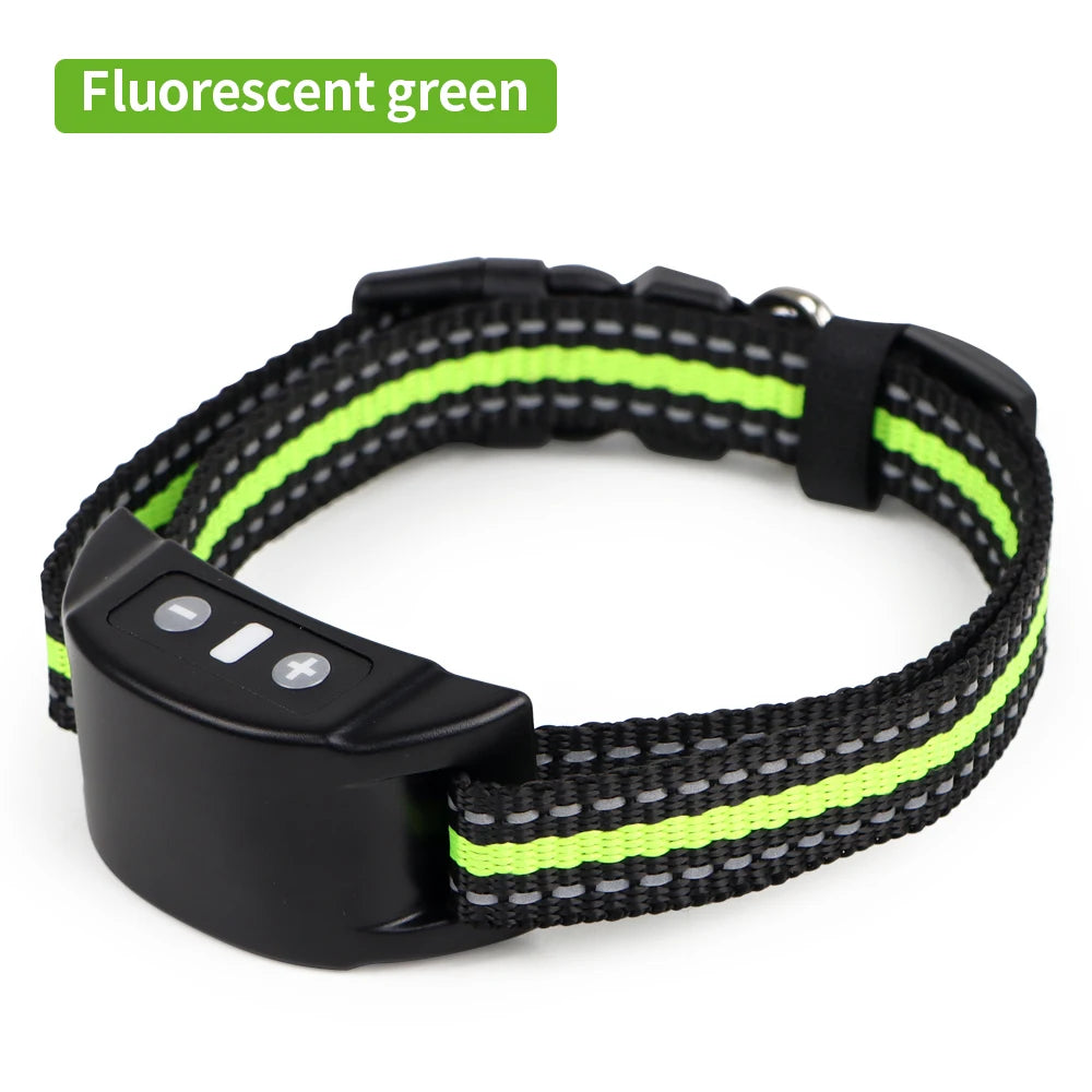 Black anti-bark training collar with fluorescent green accents shown on a white background.