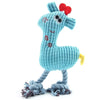 A light blue plush toy shaped like a giraffe with a red bow and textured fabric.