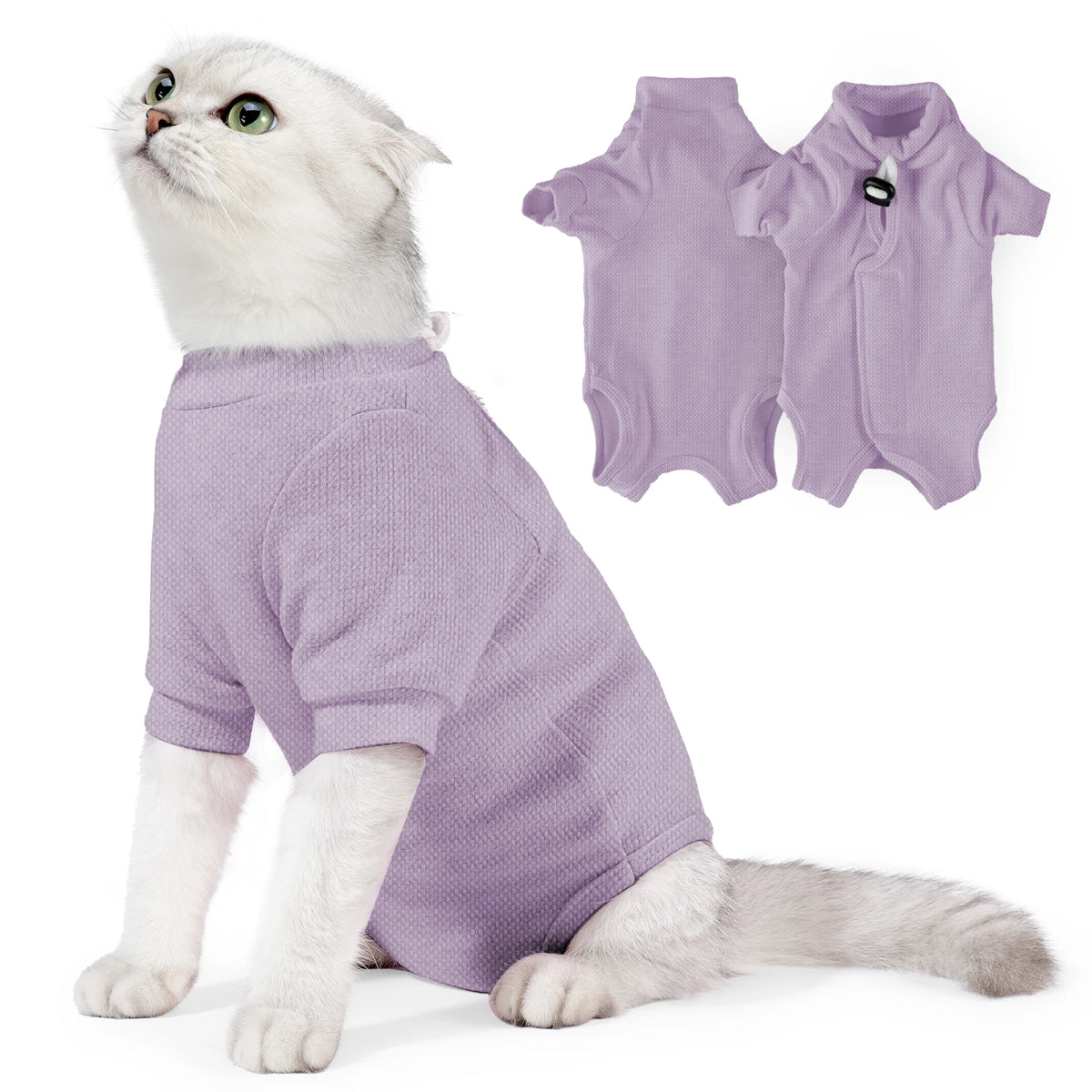A white cat wearing a lavender recovery vest, with two additional vests shown nearby.