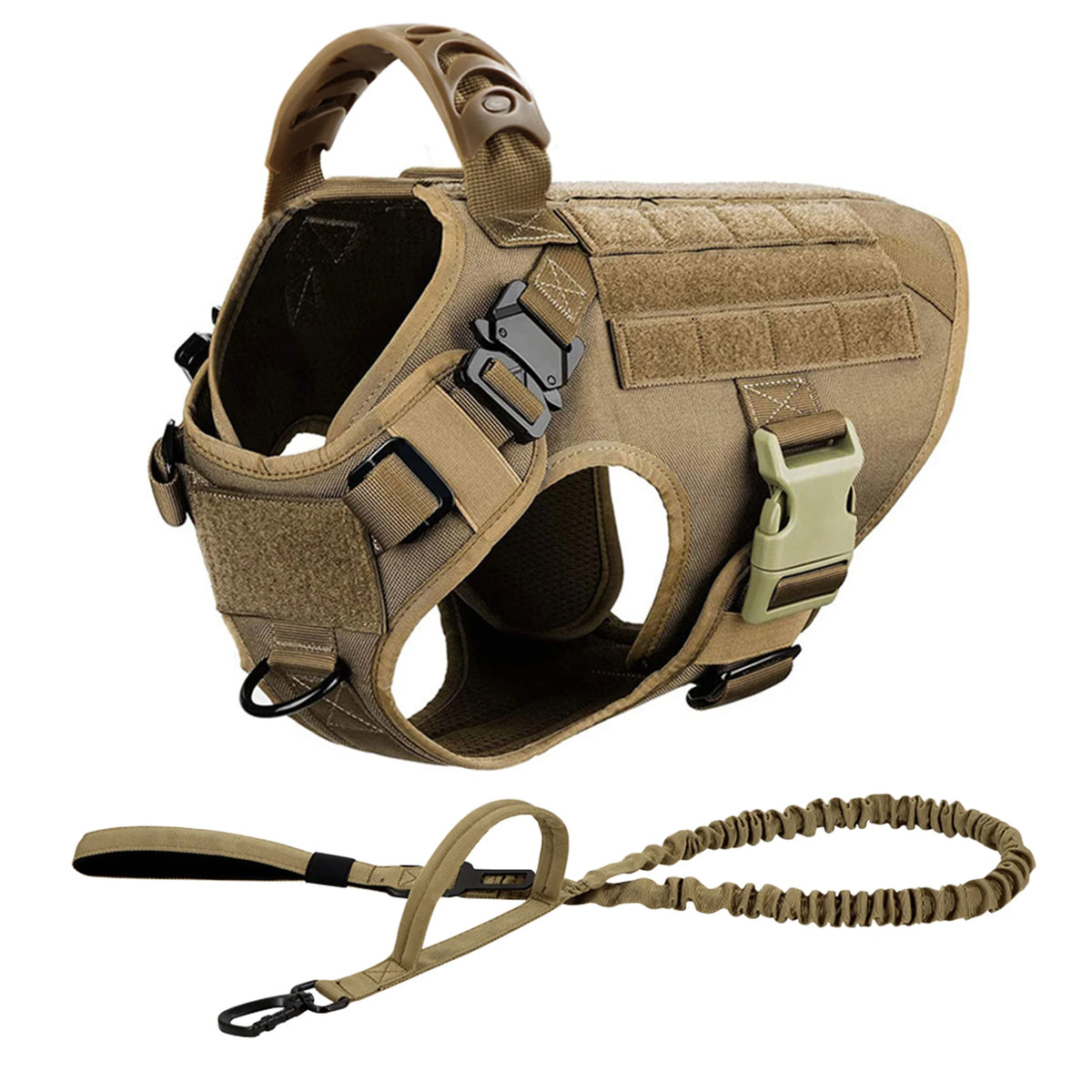 A tan durable dog harness and leash set for training and walking.