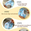Four steps showing how to dress a reusable washable dog diaper on a female dog.