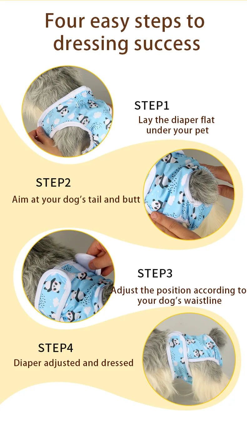 Four steps showing how to dress a reusable washable dog diaper on a female dog.