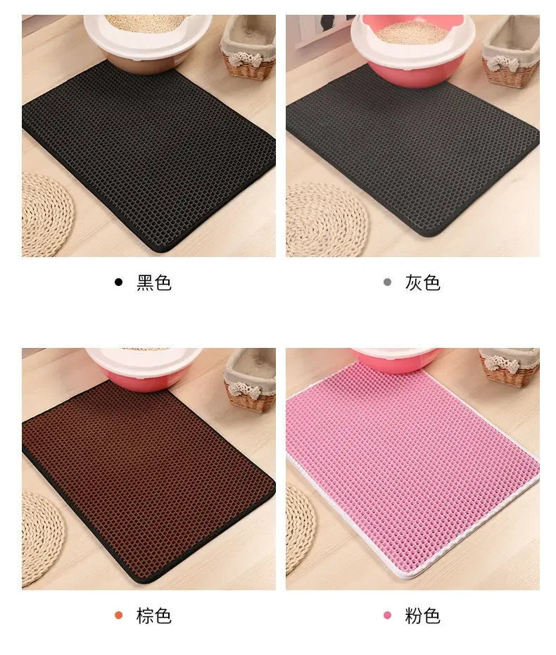 Four variations of double-layer cat litter mats in black, pink, maroon, and beige colors shown with surrounding litter bowls.