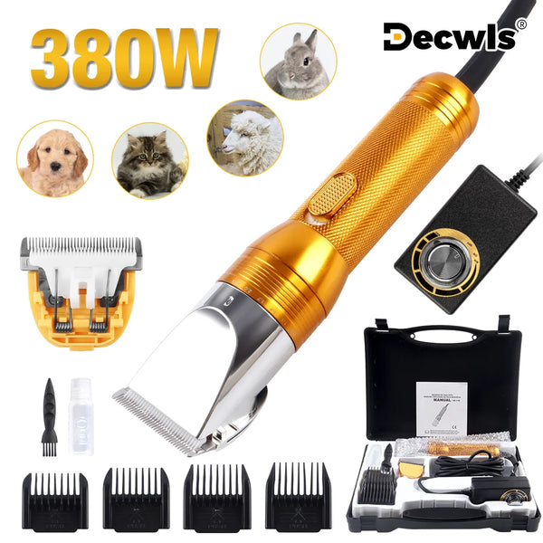 A professional 380W grooming clipper with various attachments for dogs, cats, and small animals.